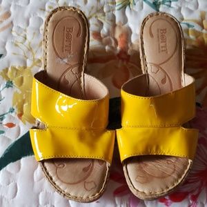 Yellow patent Born wedge sandals size 8